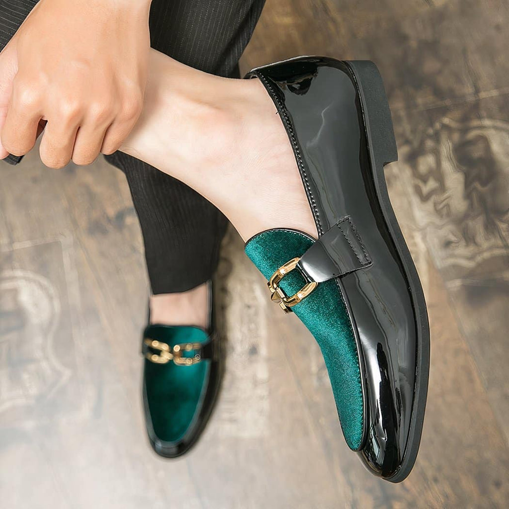 Black patent and velvet dress loafers with gold bits