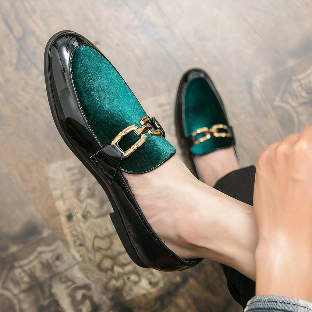 Black patent and velvet dress loafers with gold bits