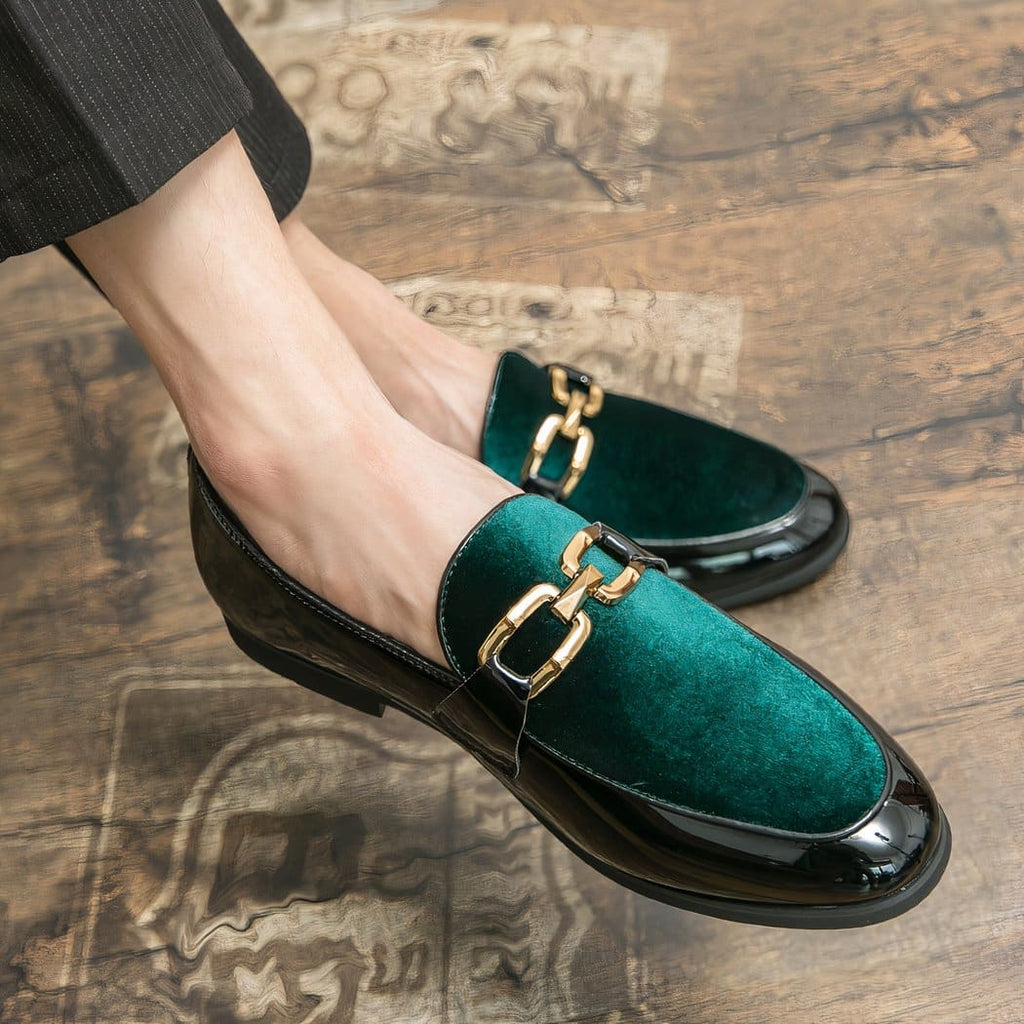 Black patent and velvet dress loafers with gold bits