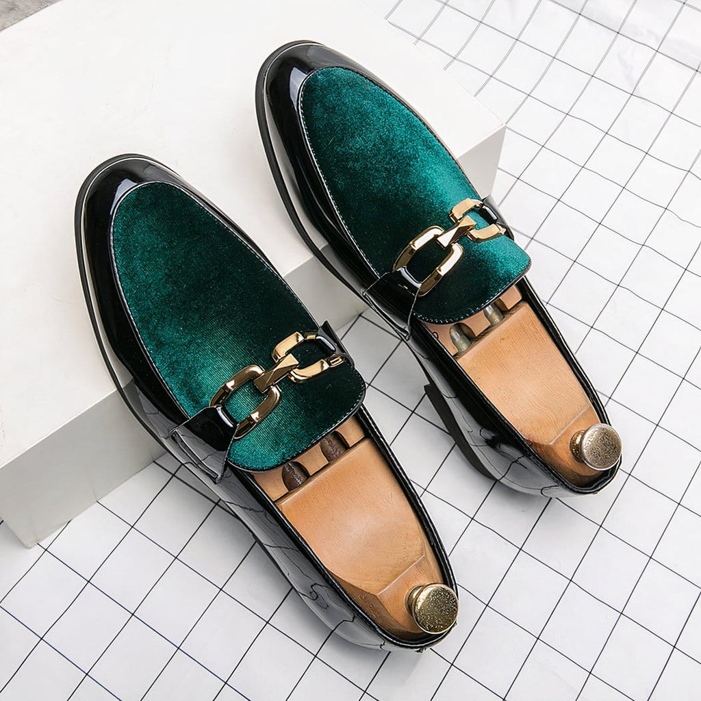 Black patent and velvet dress loafers with gold bits