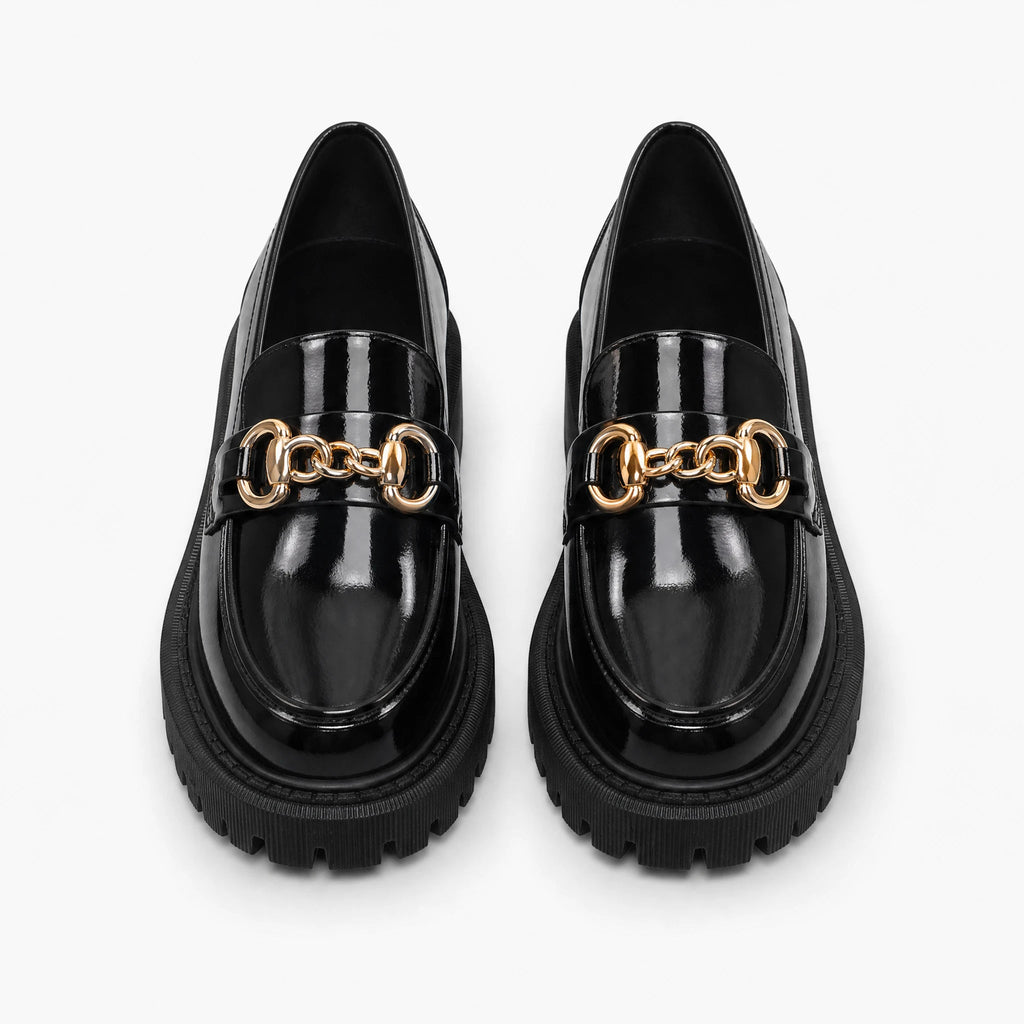 Black platform loafers with gold chain for women in Patent Black, front view