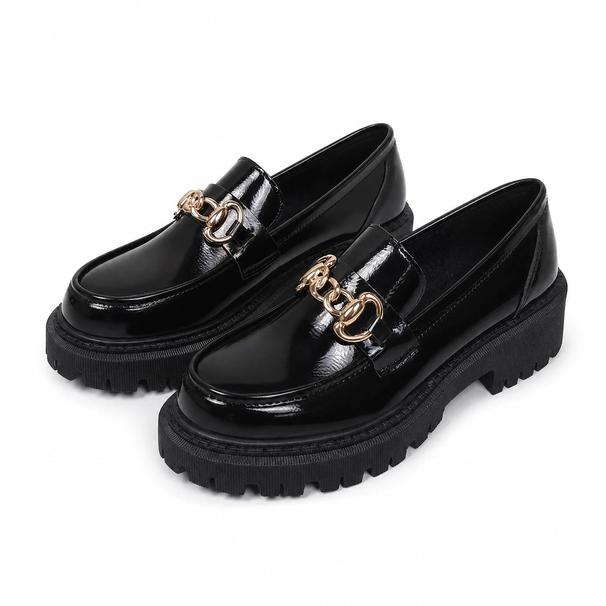 Black platform loafers with gold chain for women in Matte Black, side view