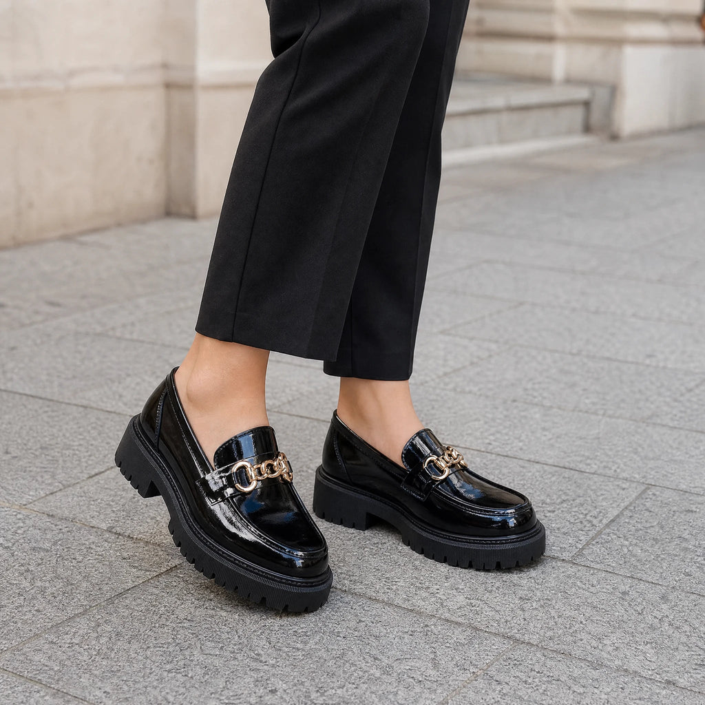 Black platform loafers with gold chain for women in Matte Black, top view