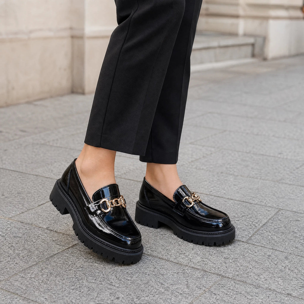 Black platform loafers with gold chain for women in Matte Black, top view Image