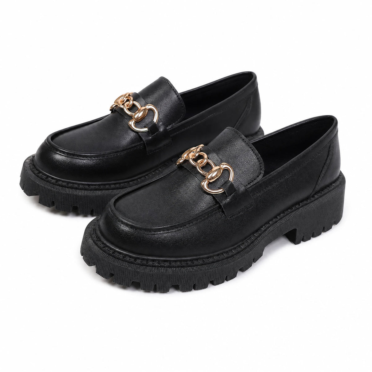 Black platform loafers with gold chain for women in Patent Black, sole view