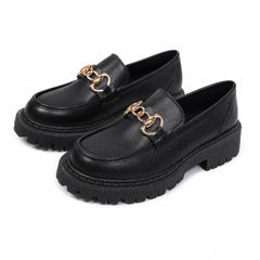 Black Platform Loafers with Gold Chain for Women, Matte Black