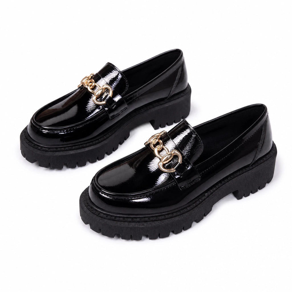 Black platform loafers with gold chain for women in Matte Black, detail view