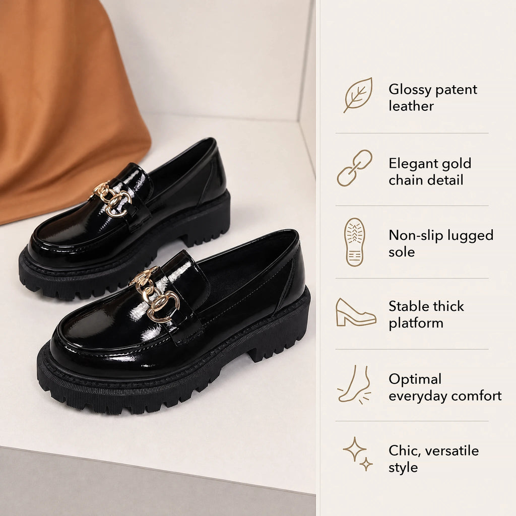 Black platform loafers with gold chain for women in Patent Black, worn view