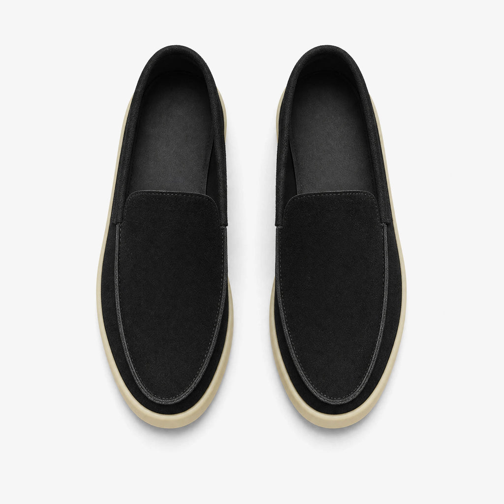 Black and taupe chunky-sole suede loafer for men, black front view
