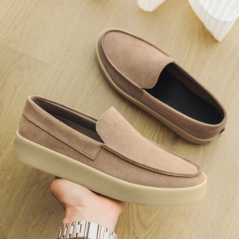 Black and taupe chunky-sole suede loafer for men, taupe three-quarter view