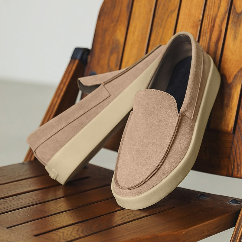 Black and taupe chunky-sole suede loafer for men, black lifestyle shot