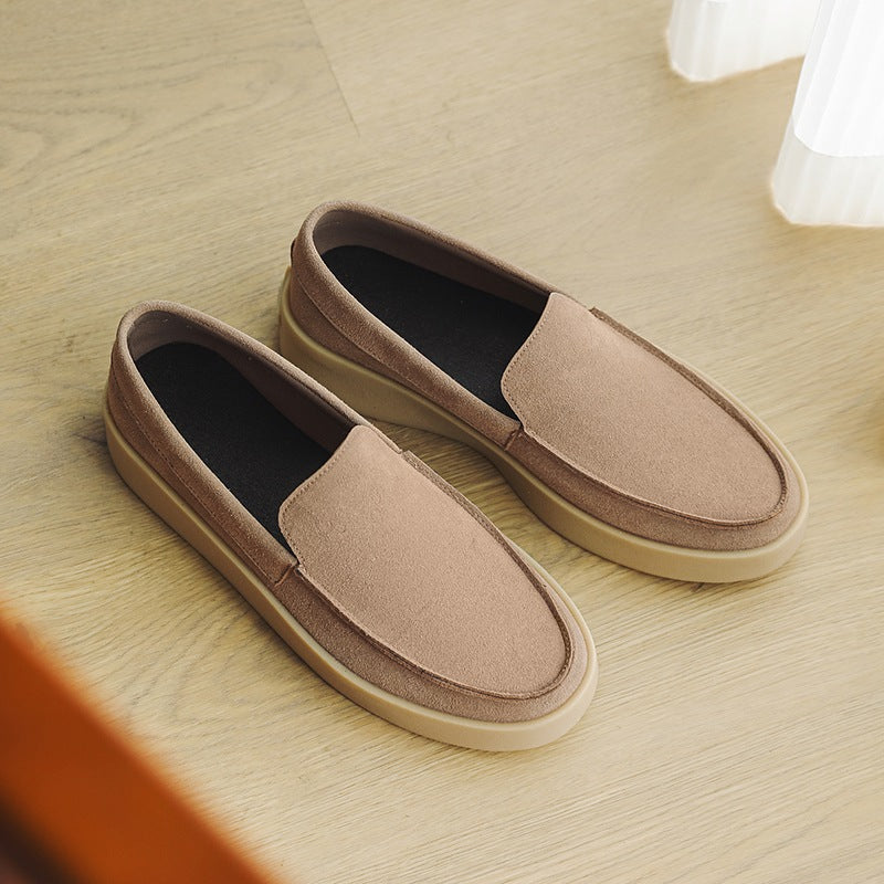 Black and taupe chunky-sole suede loafer for men, taupe pair side by side