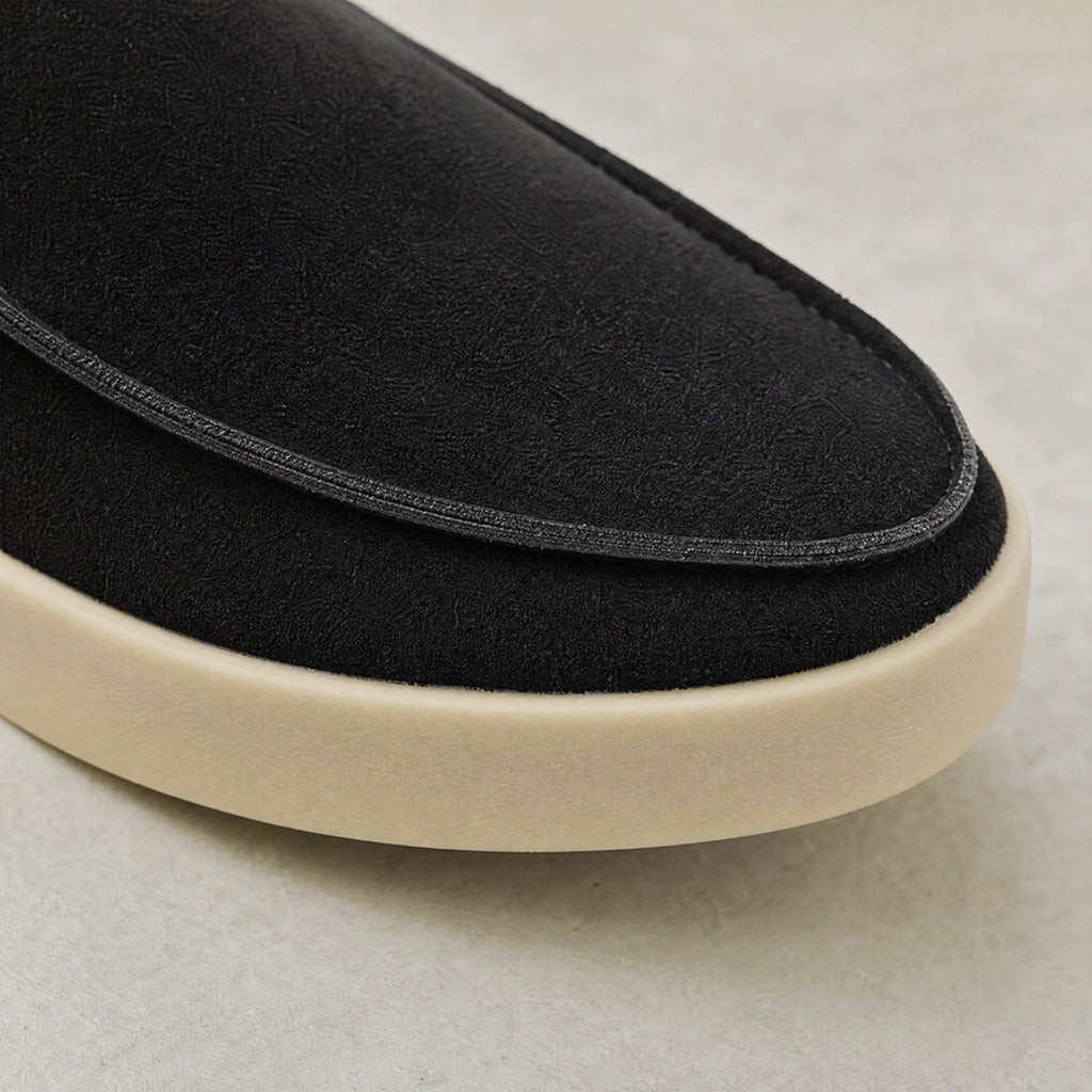 Black and taupe chunky-sole suede loafer for men, taupe side view