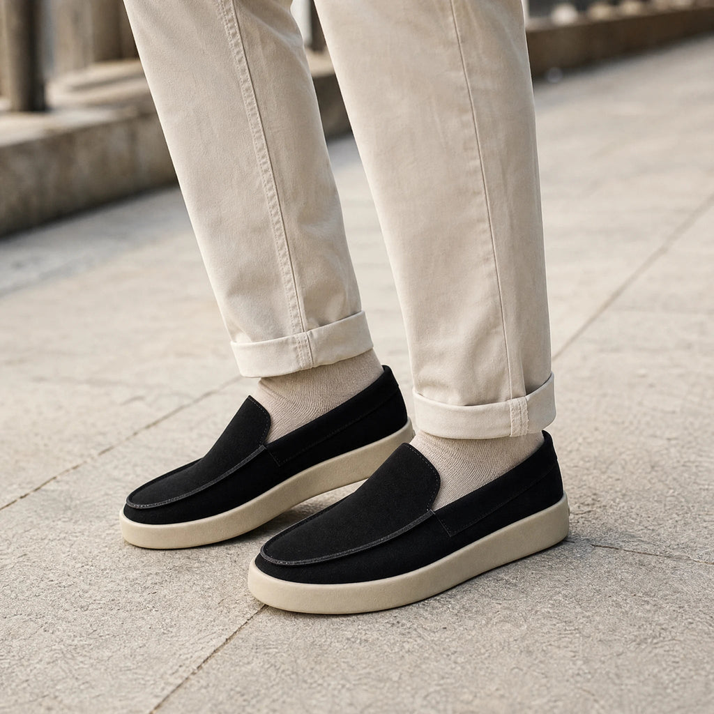 Black and taupe chunky-sole suede loafer for men, black top view