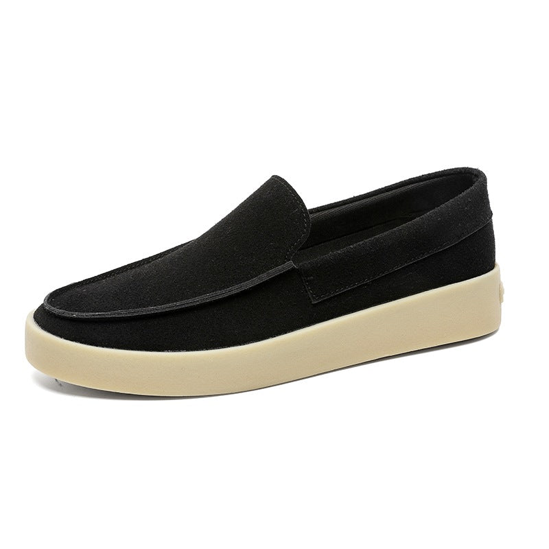 Black and taupe chunky-sole suede loafer for men, black close-up of the sole