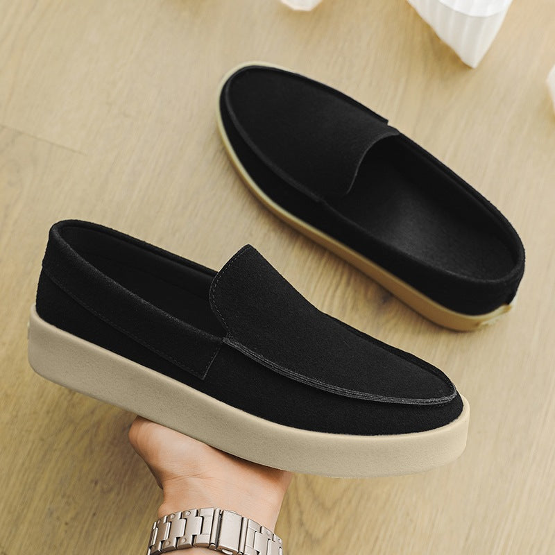 Black and taupe chunky-sole suede loafer for men, black pair seen from above