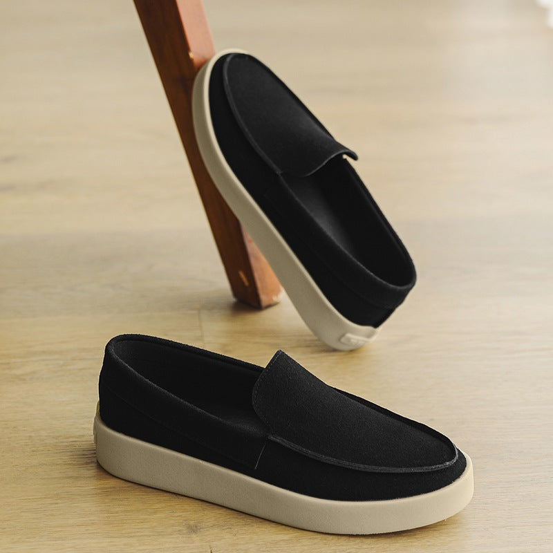 Black and taupe chunky-sole suede loafer for men, taupe detail of the upper
