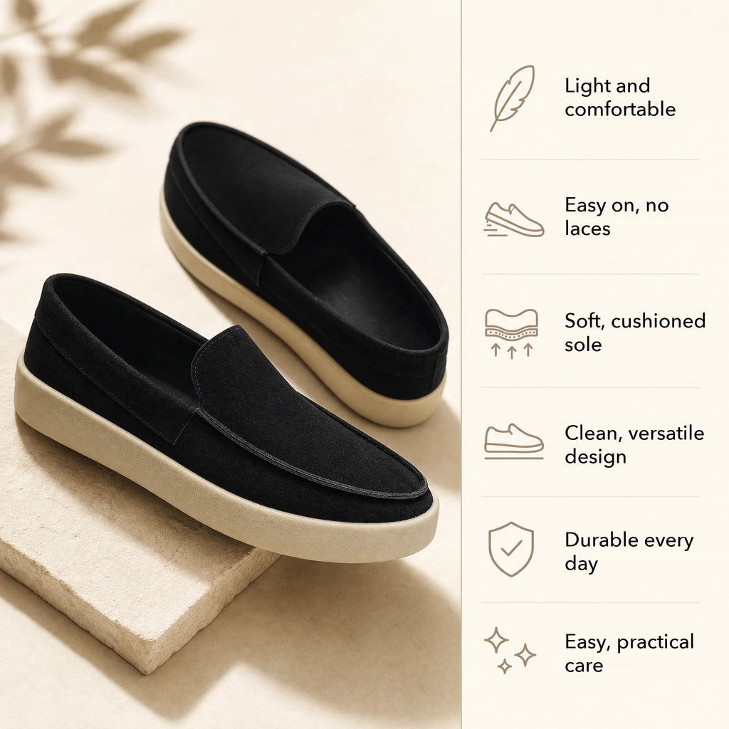 Black and taupe chunky-sole suede loafer for men, taupe back view
