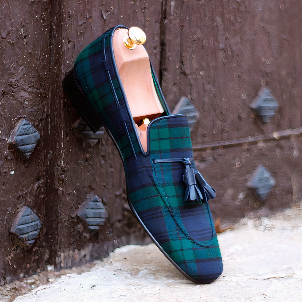 Blue and green checkered tassel loafers for men