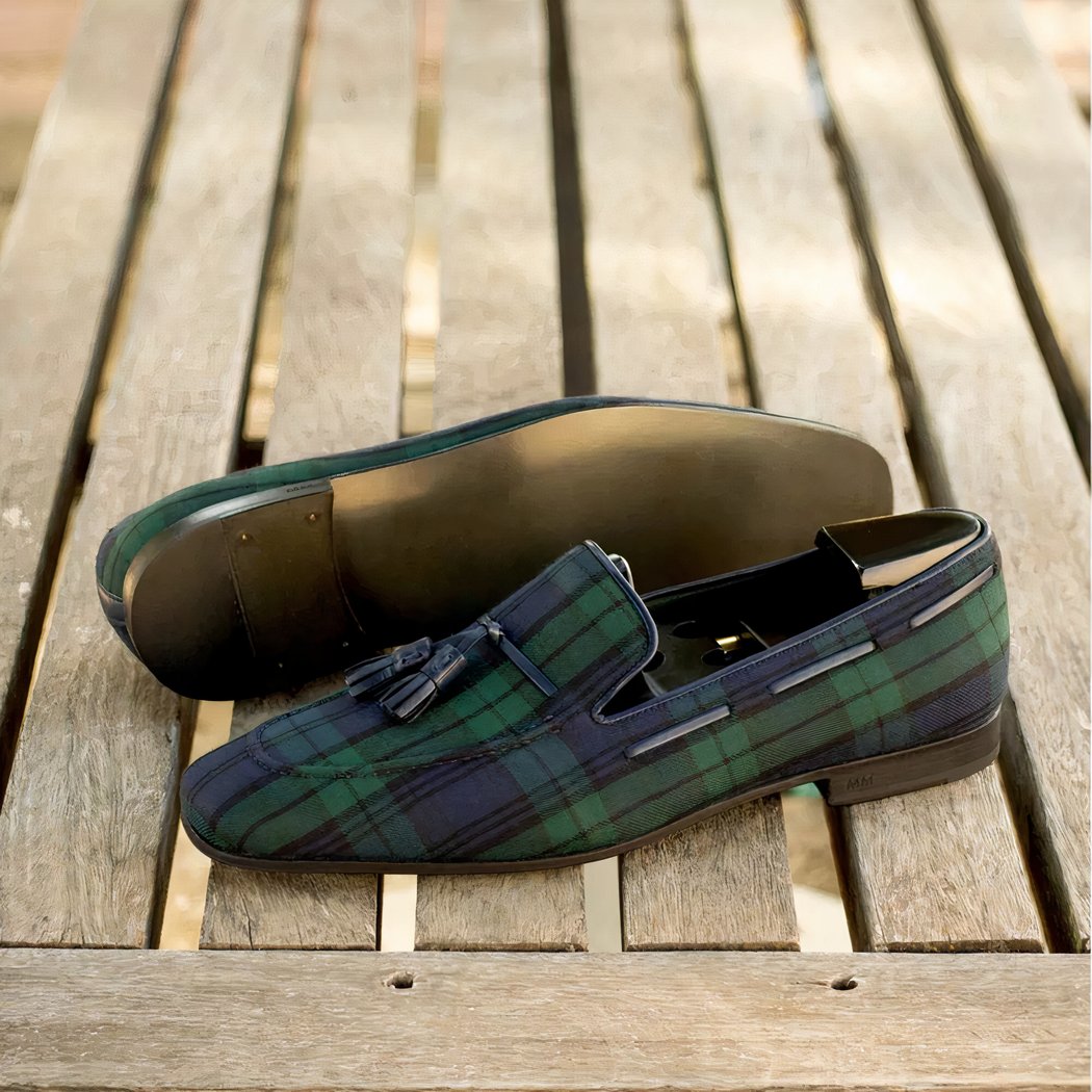 Blue and green checkered tassel loafers for men