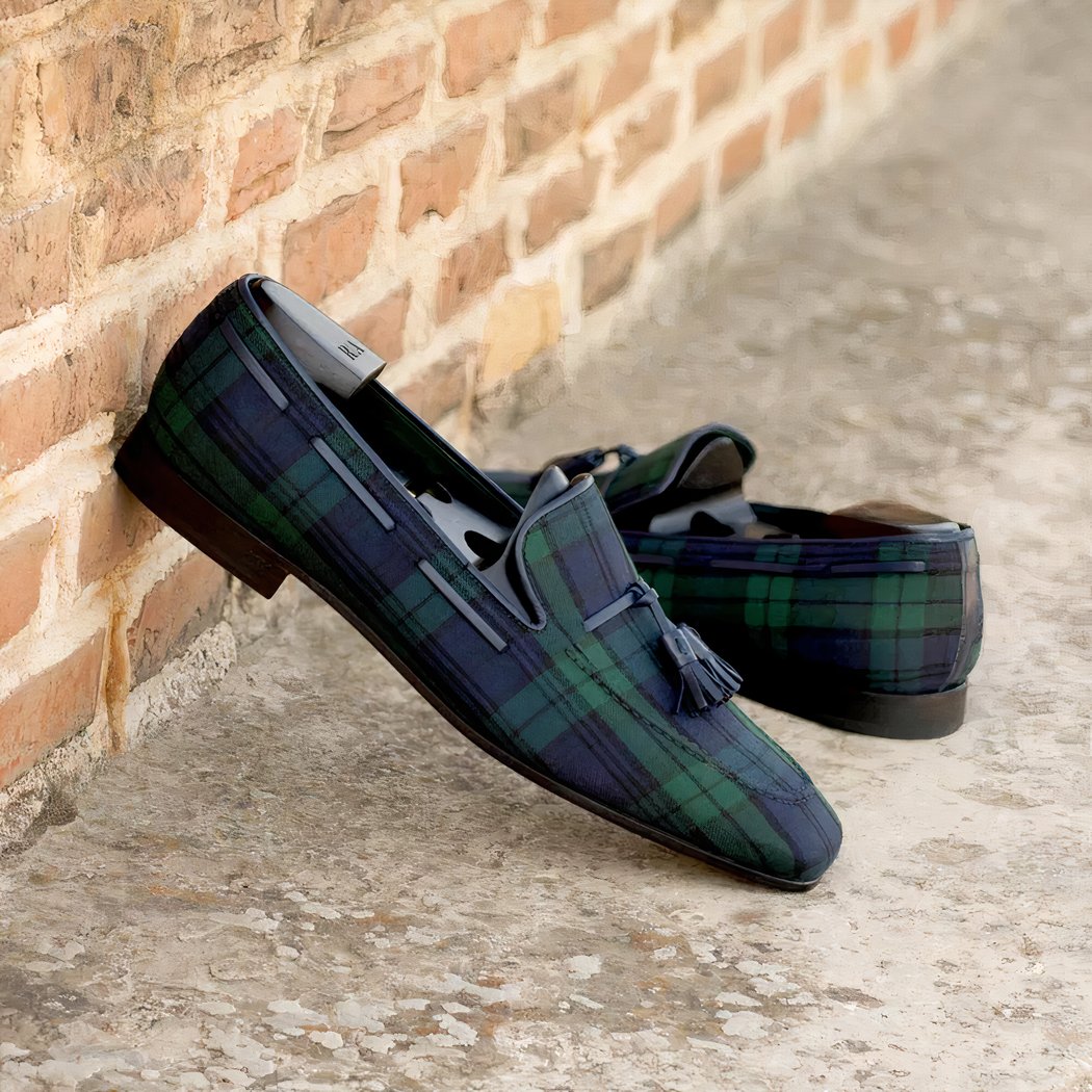Blue and green checkered tassel loafers for men