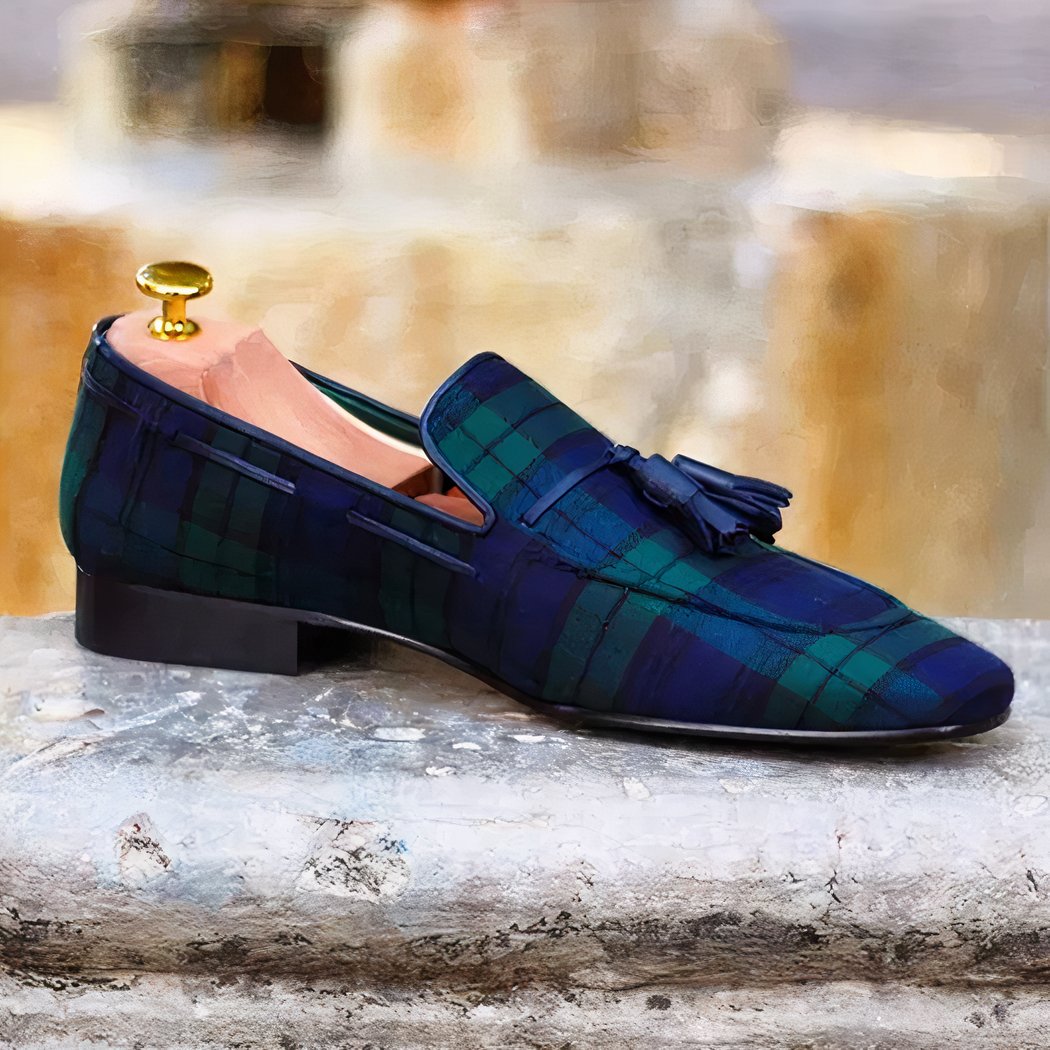 Blue and green checkered tassel loafers for men