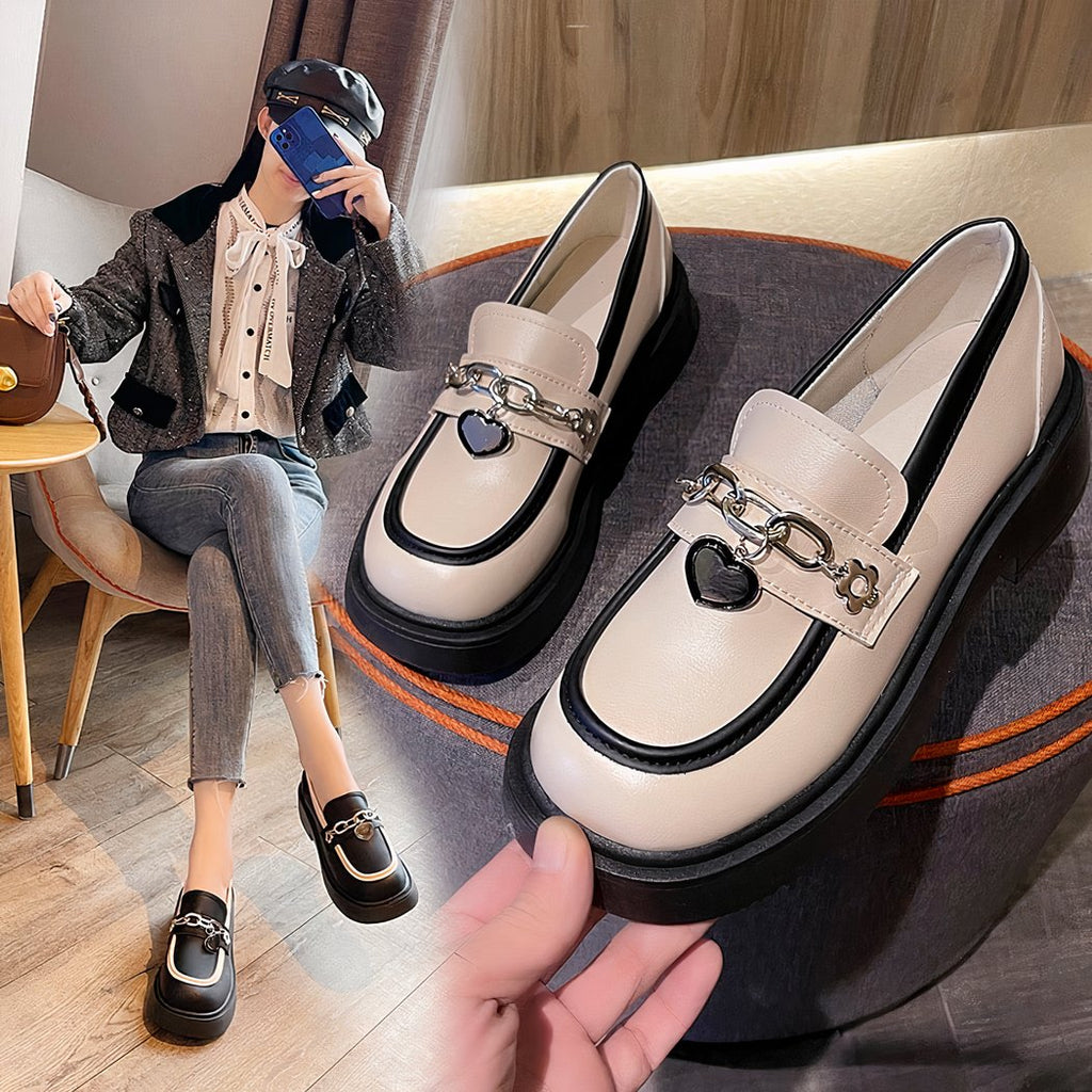 British-style platform loafers for women with heart chain