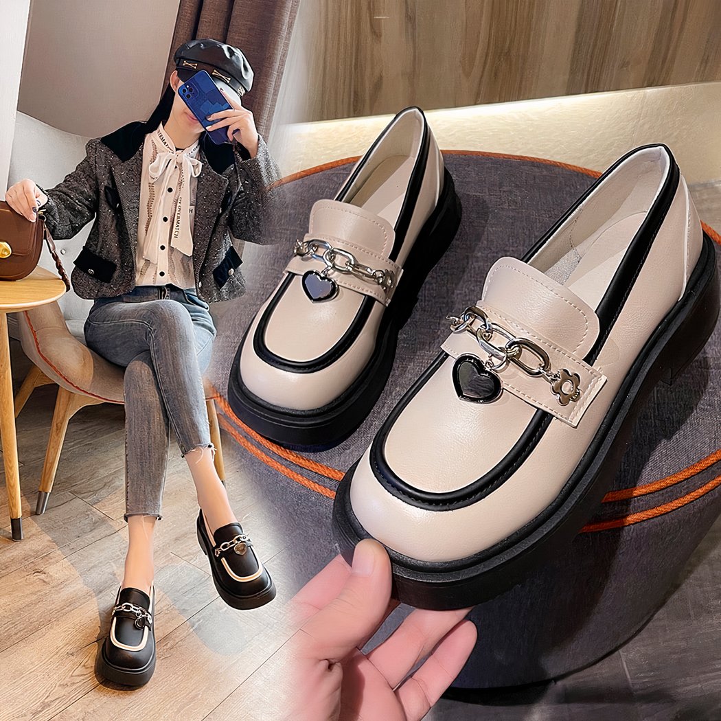 British-style platform loafers for women with heart chain