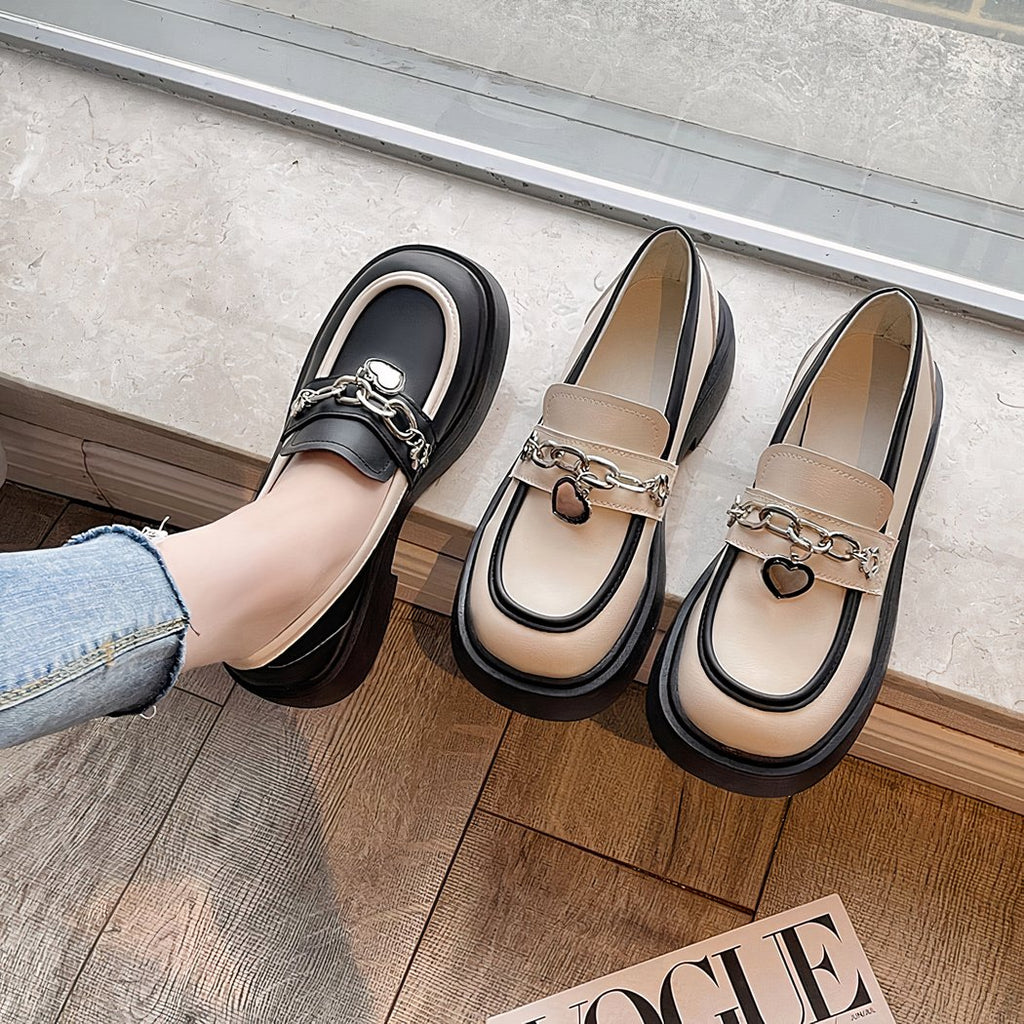 British-style platform loafers for women with heart chain