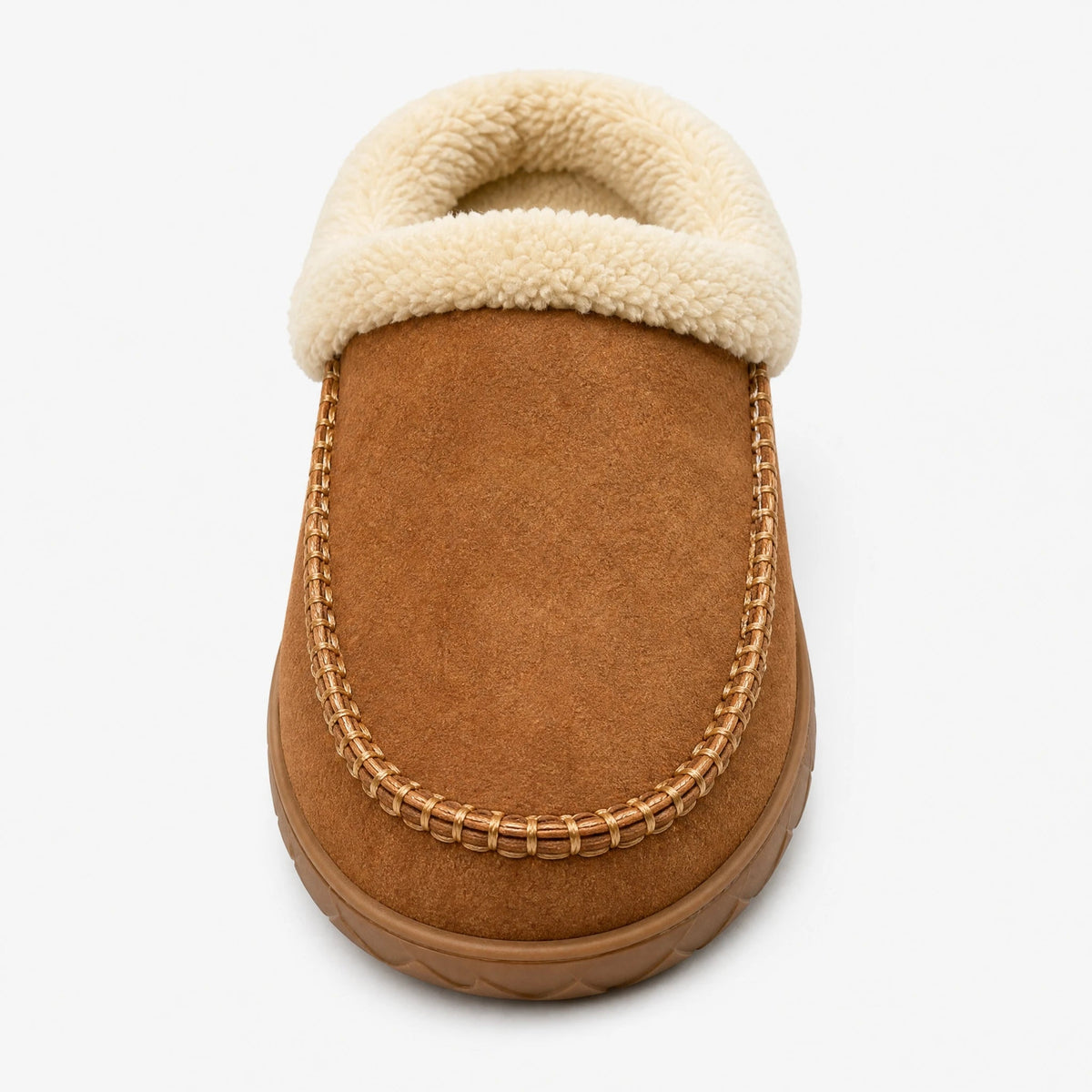 Camel fur-lined moccasin slippers with terry collar, side view