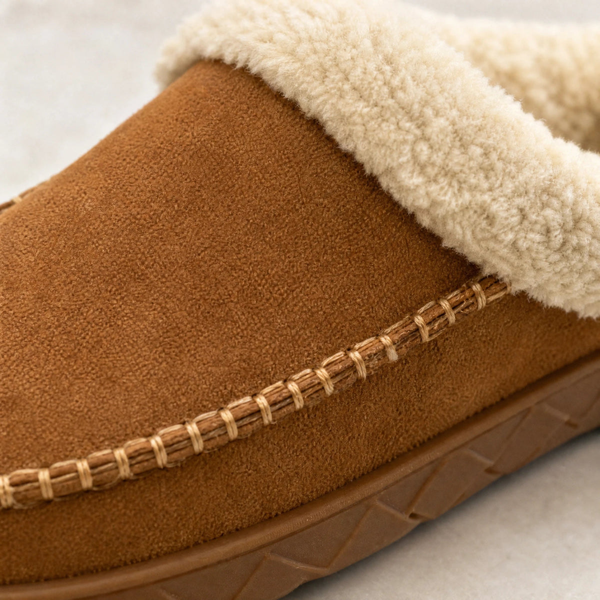 Camel suede-look moccasin slipper with visible topstitching