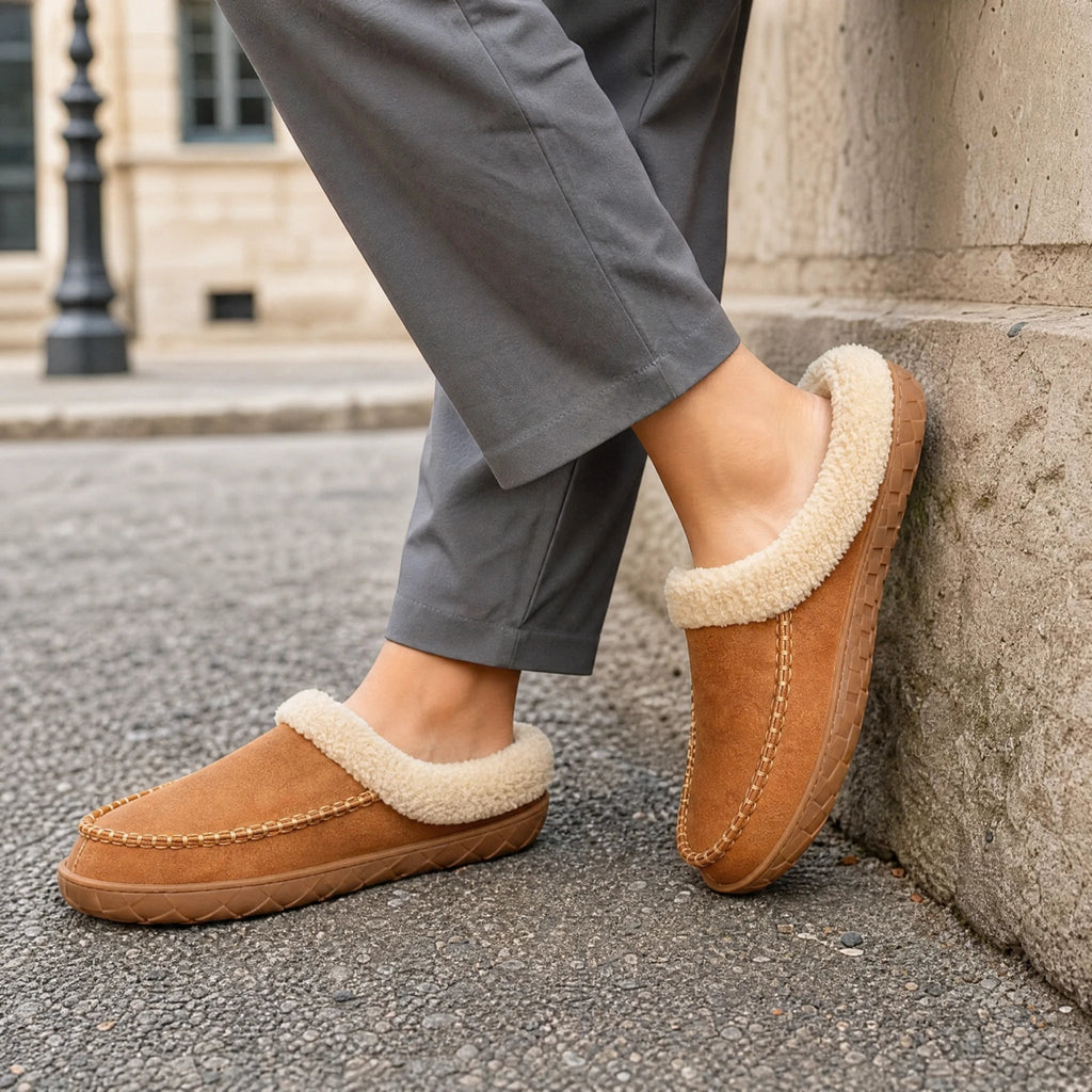 Thick terry faux fur collar of the moccasin slipper