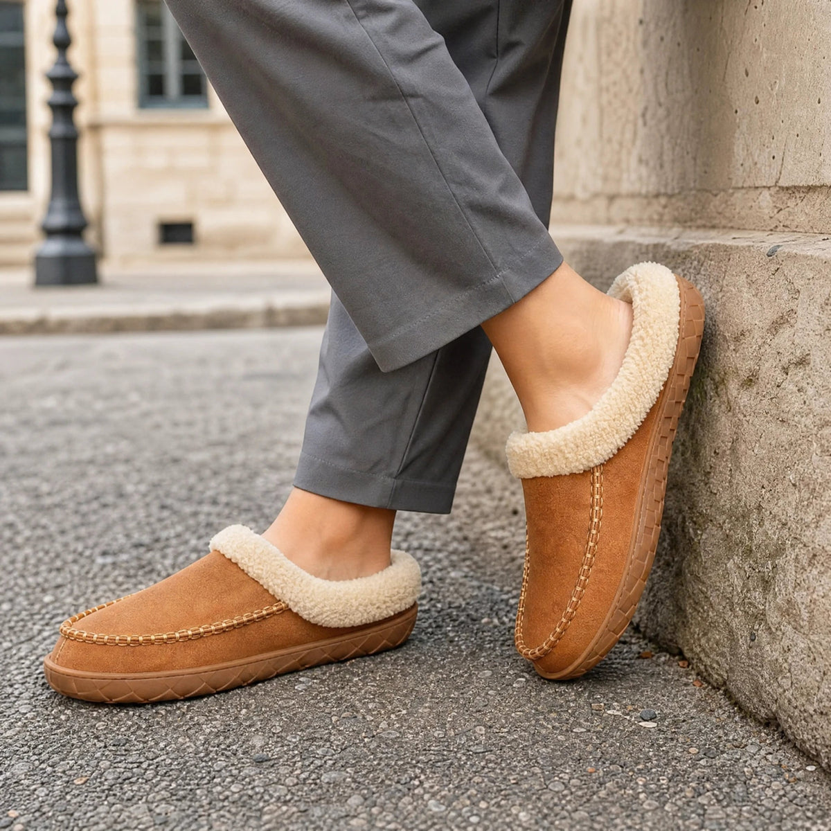 Thick terry faux fur collar of the moccasin slipper