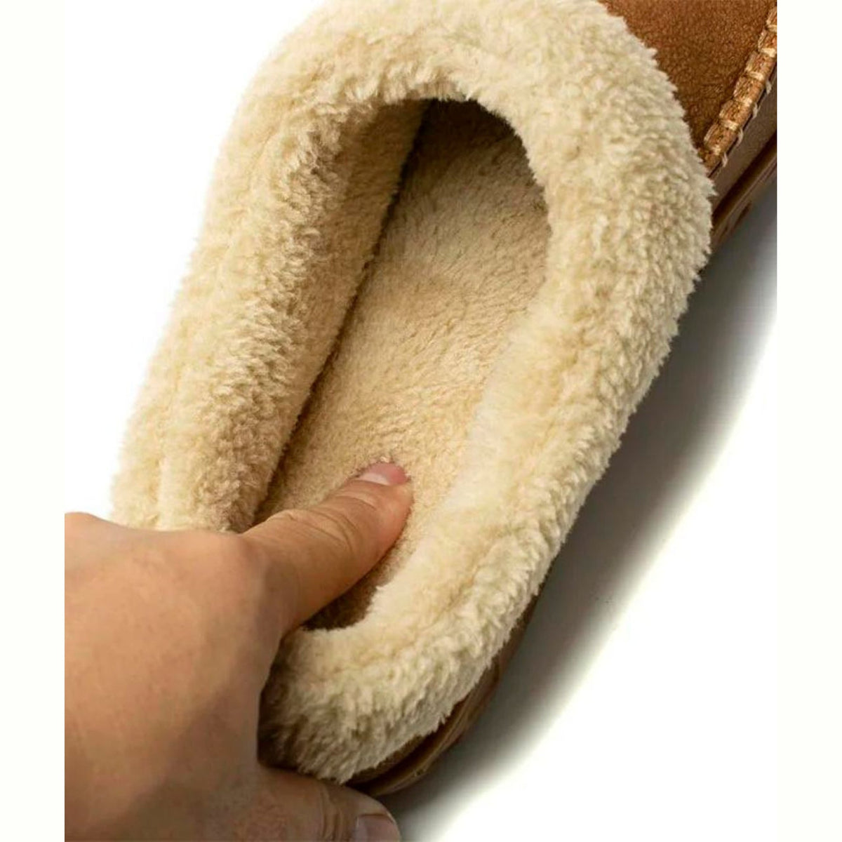Camel moccasin slippers worn indoors