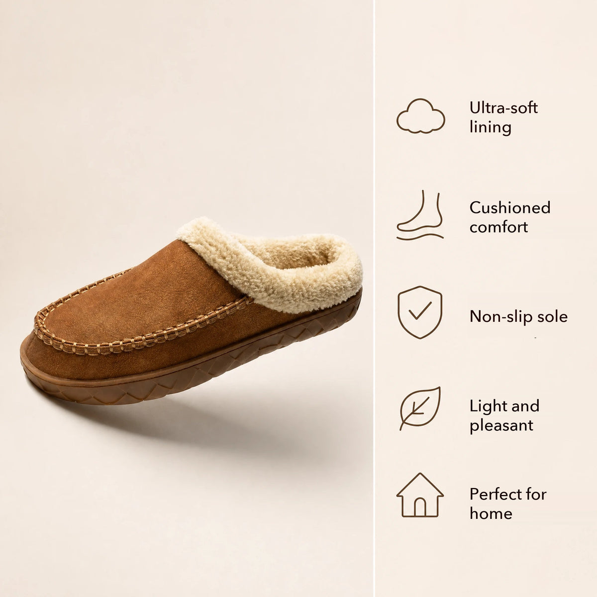 Pair of camel fur-lined moccasin slippers, top view Image