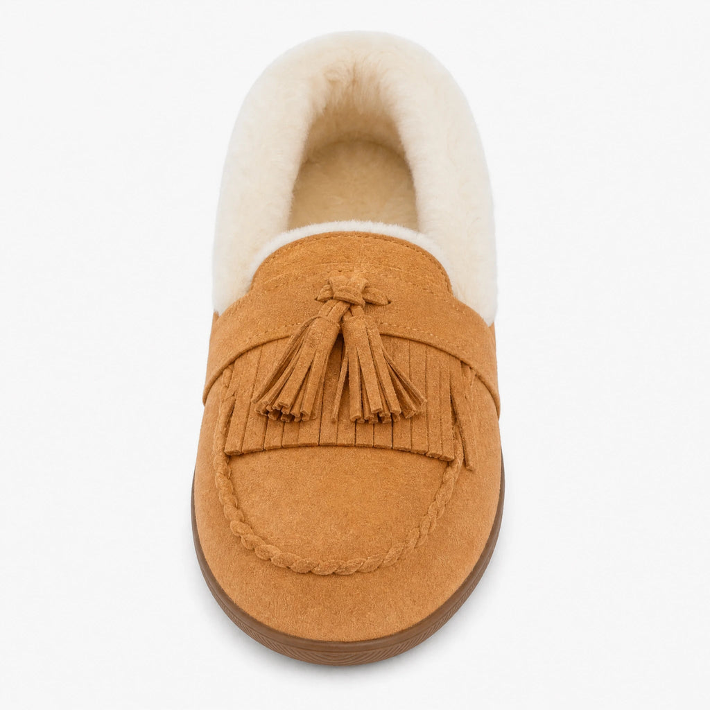 Women's camel fur-lined moccasin with pom-poms, side view