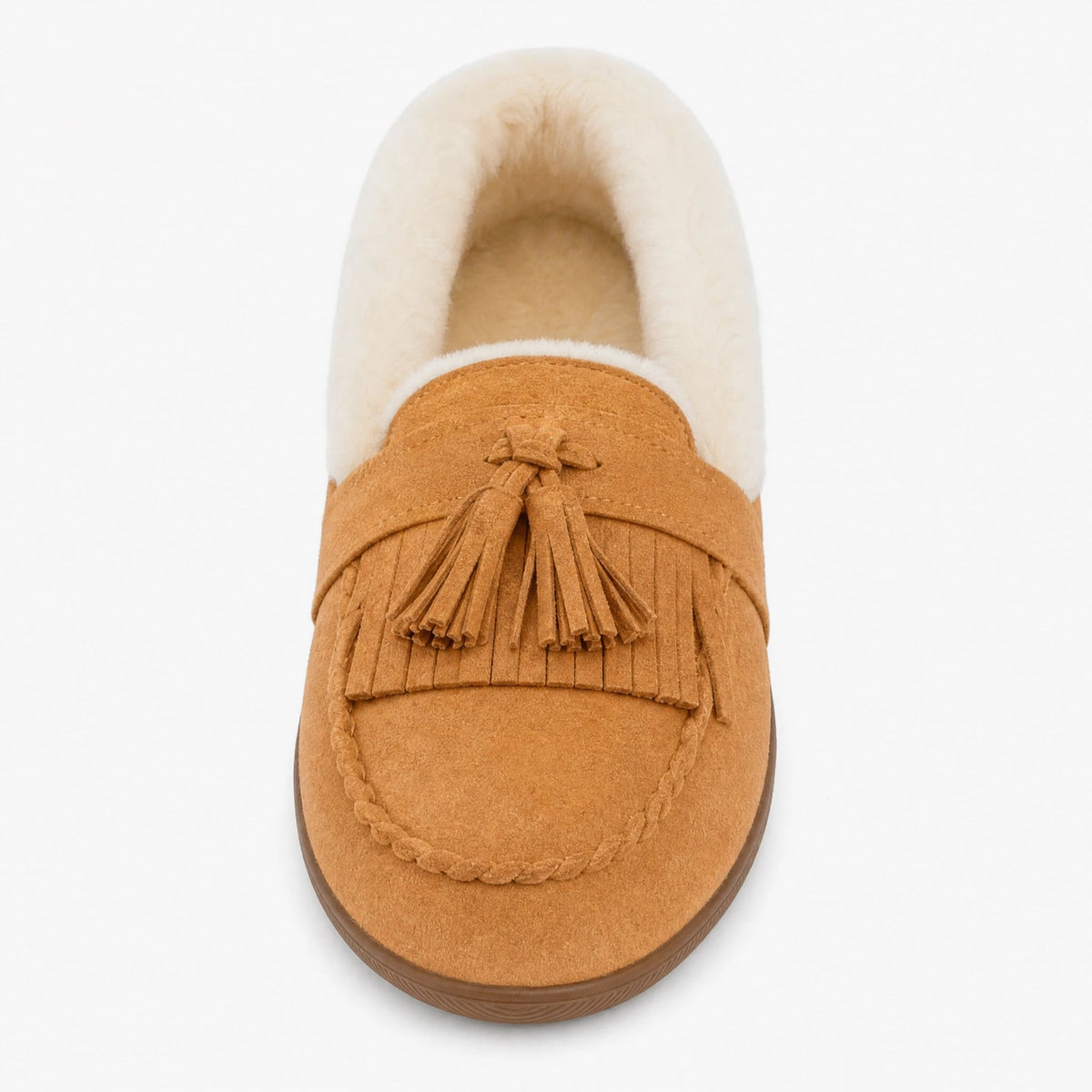 Women's camel fur-lined moccasin with pom-poms, side view