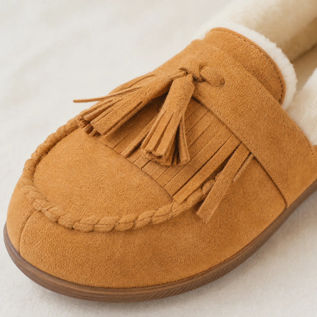 Camel faux suede moccasin with fringes and pom-poms