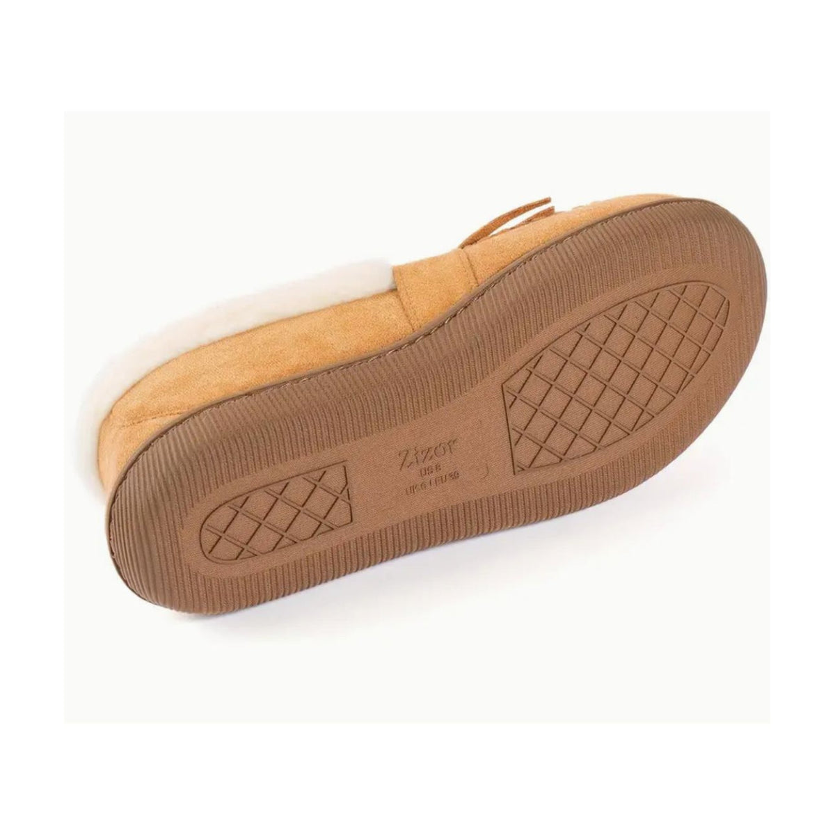 Camel moccasin with pom-poms, front view