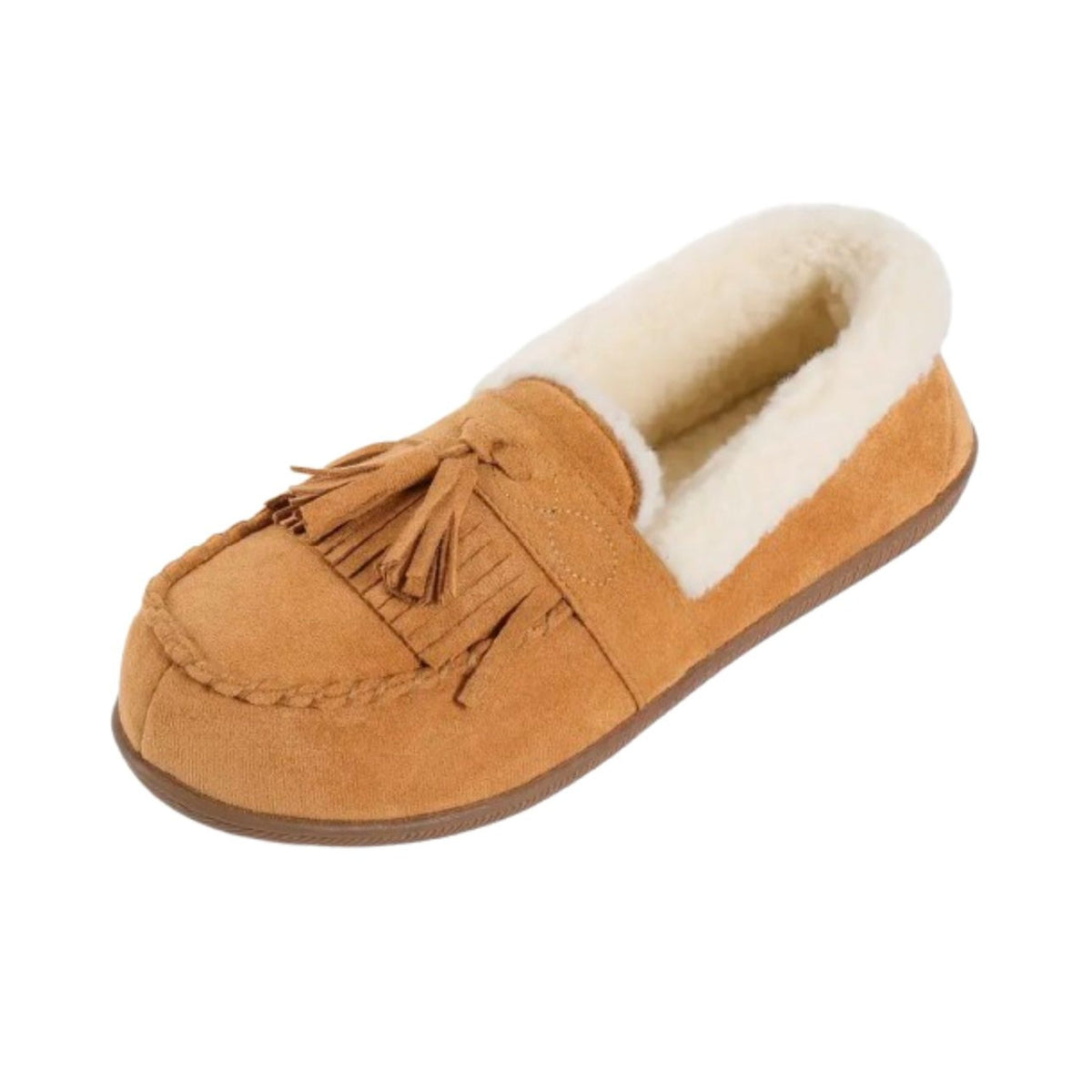 Pair of camel fur-lined moccasins worn indoors