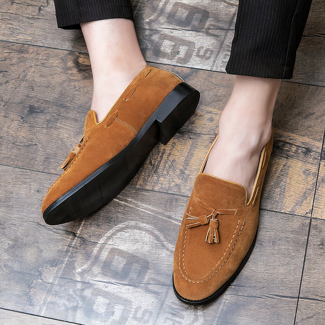 Camel suede tassel loafers