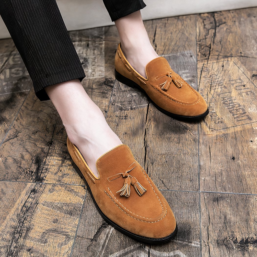 Camel suede tassel loafers
