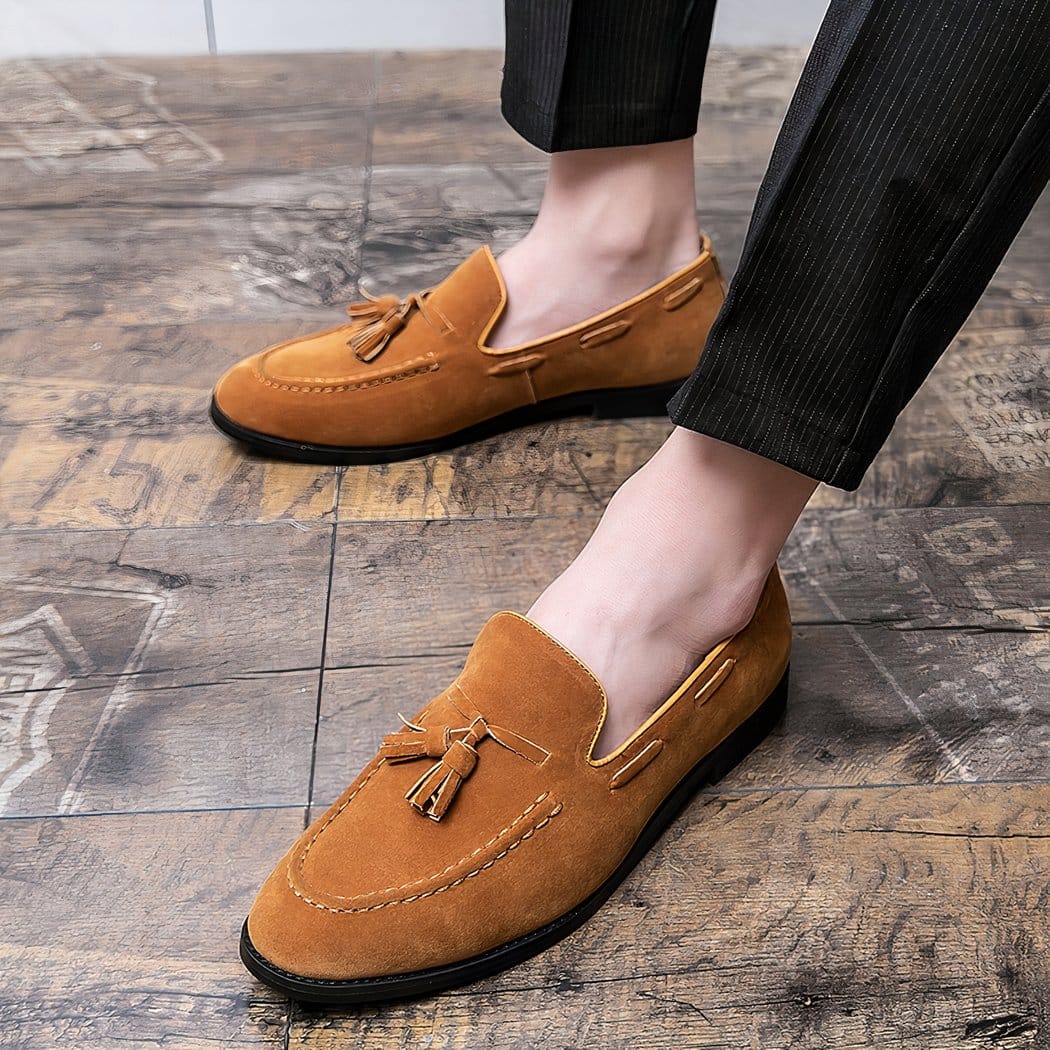 Camel suede tassel loafers