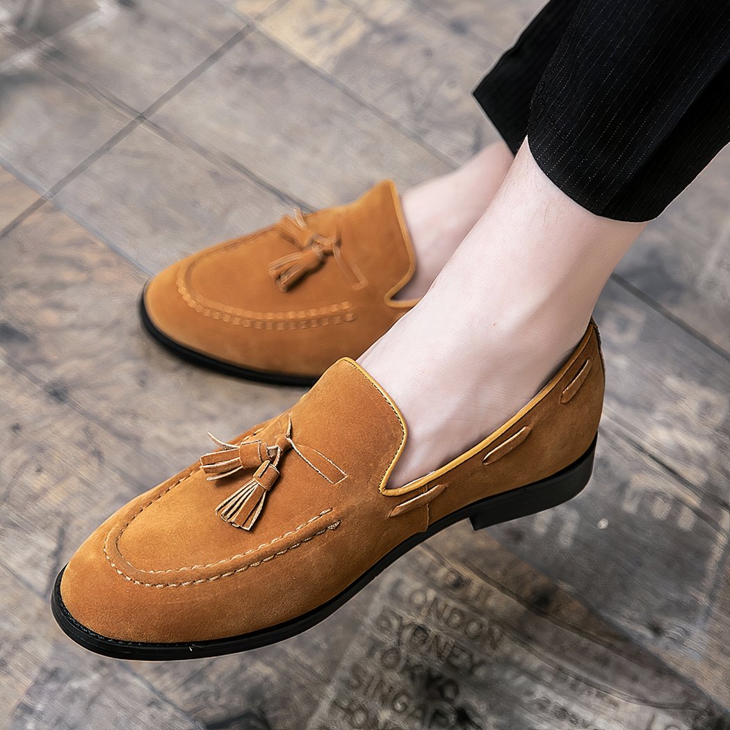Camel suede tassel loafers