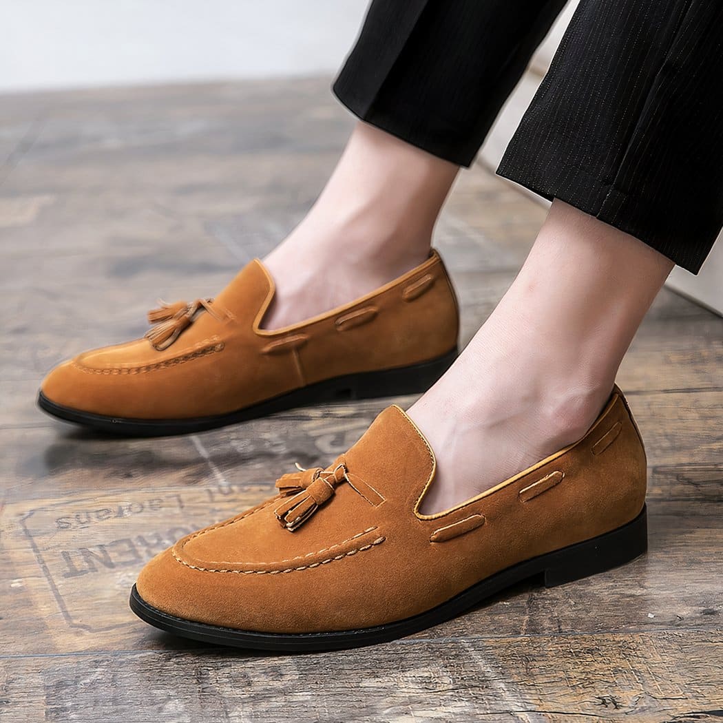 Camel suede tassel loafers
