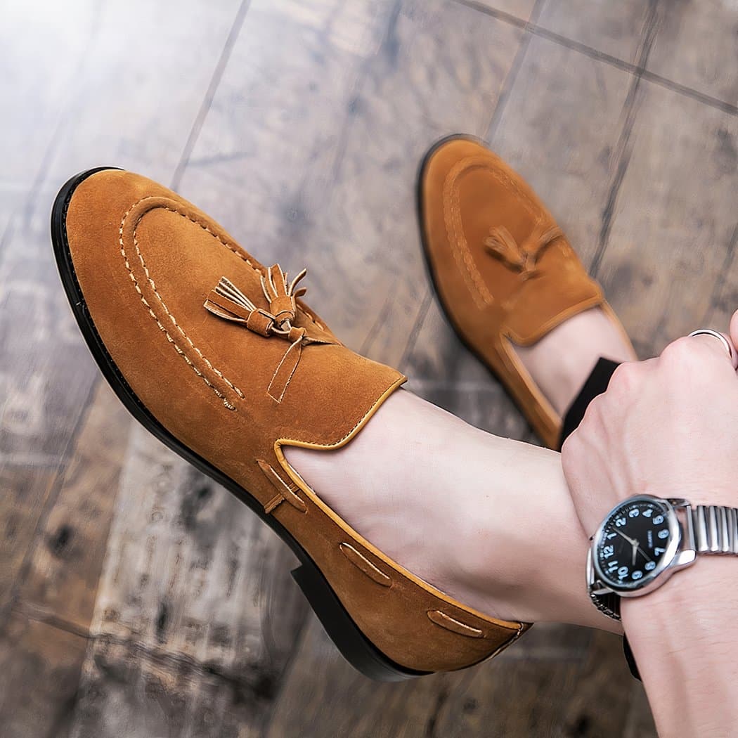 Camel suede tassel loafers