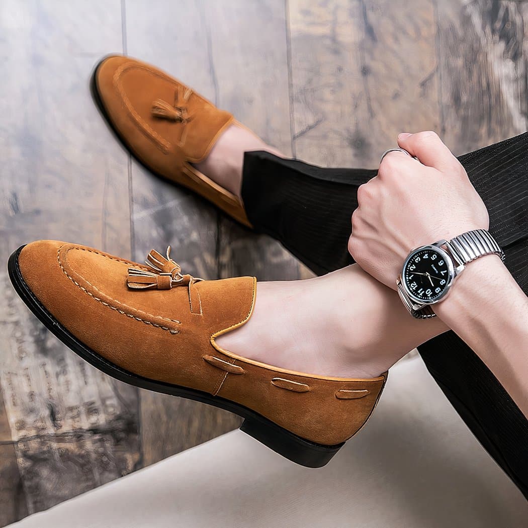 Camel suede tassel loafers