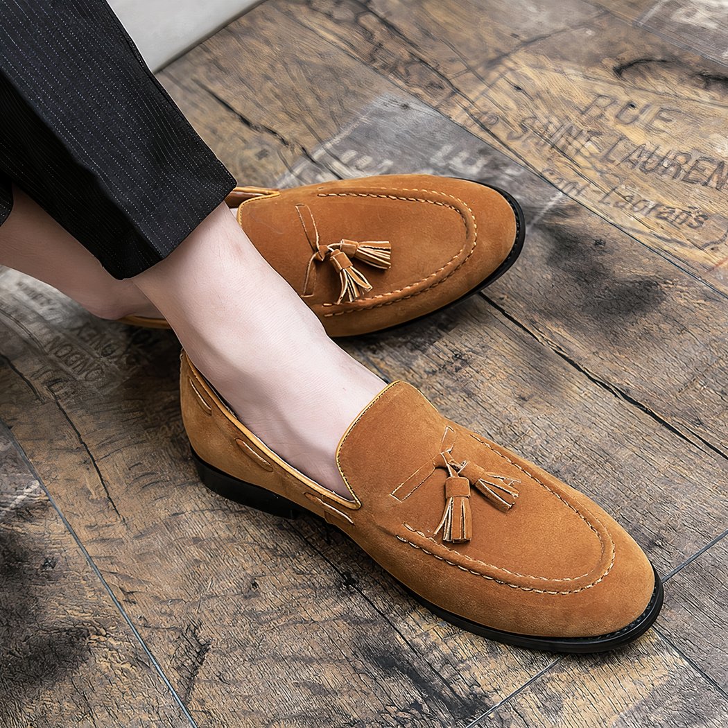 Camel suede tassel loafers