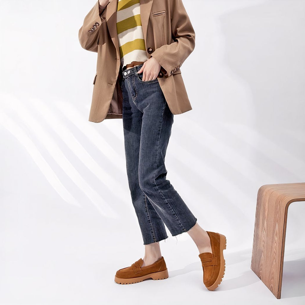 Classic genuine suede loafers with thick sole