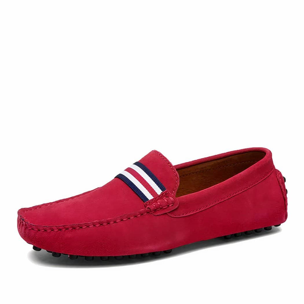 Red loafer with blue, red and white stripes on the front.